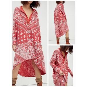 We The Free Arizona Tee Collared Dress Red & White Oversized Print Women's Sz S